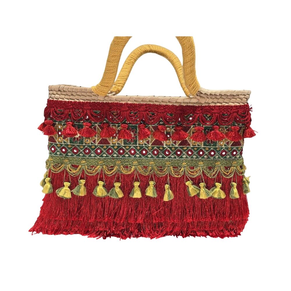 Beautiful Handmade Straw Hand Basket Bag With Fringes Tassel Red And Gold